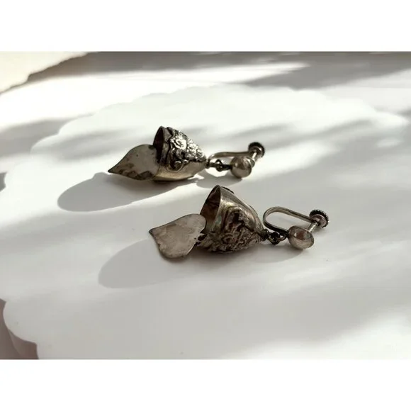 Siam Sterling Silver Vintage Screw Back Bells Hearts Charm Earrings - Picture 6 of 10